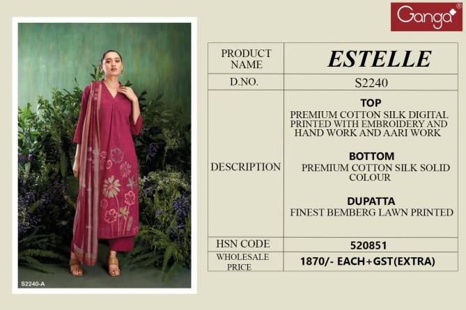 Estelle 2240 By Ganga S2204 A To S2204 D Wholesale Dress Material In India